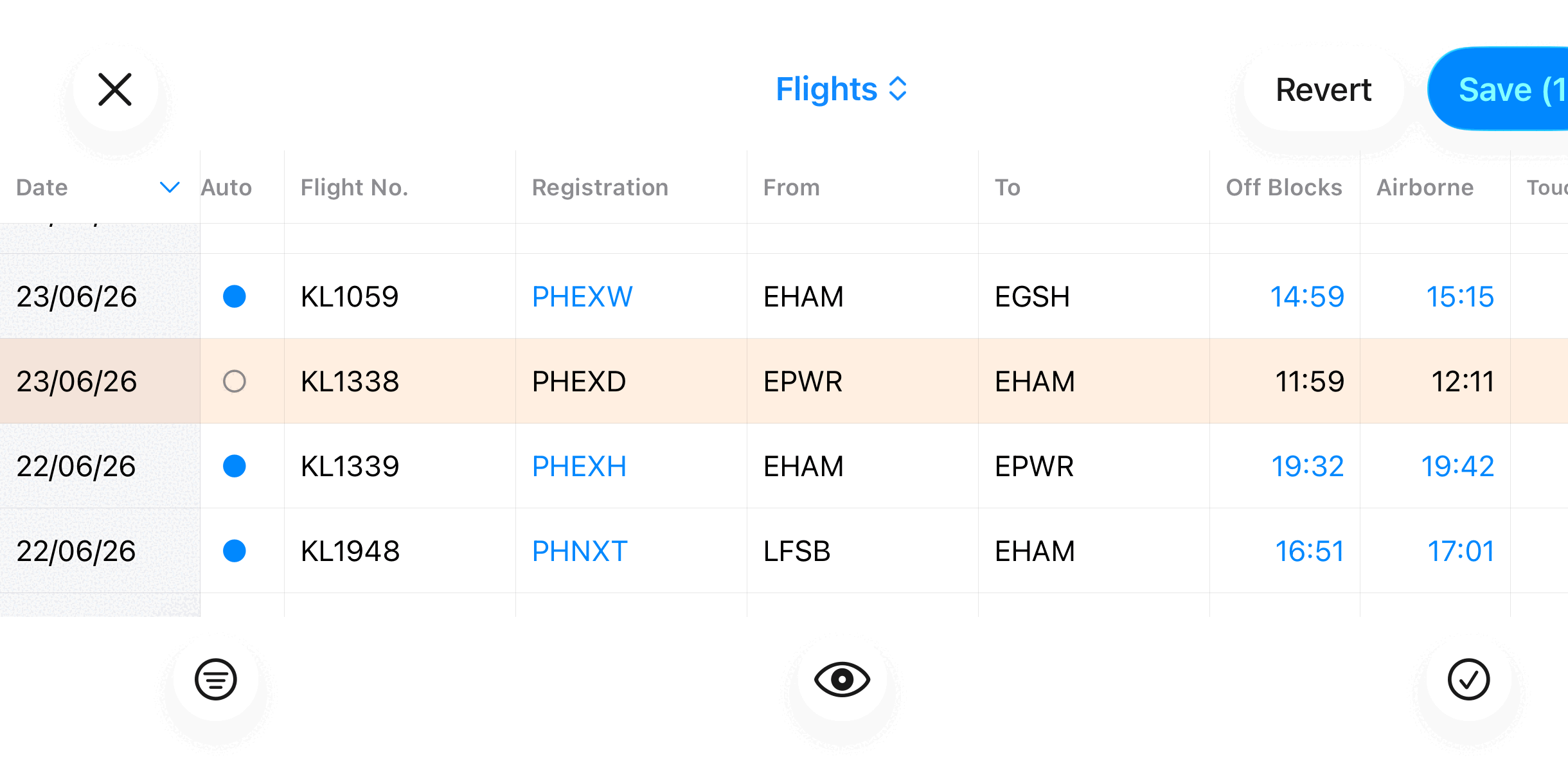 Jetlog bulk editor on iPad editing a filtered set of flights at once.